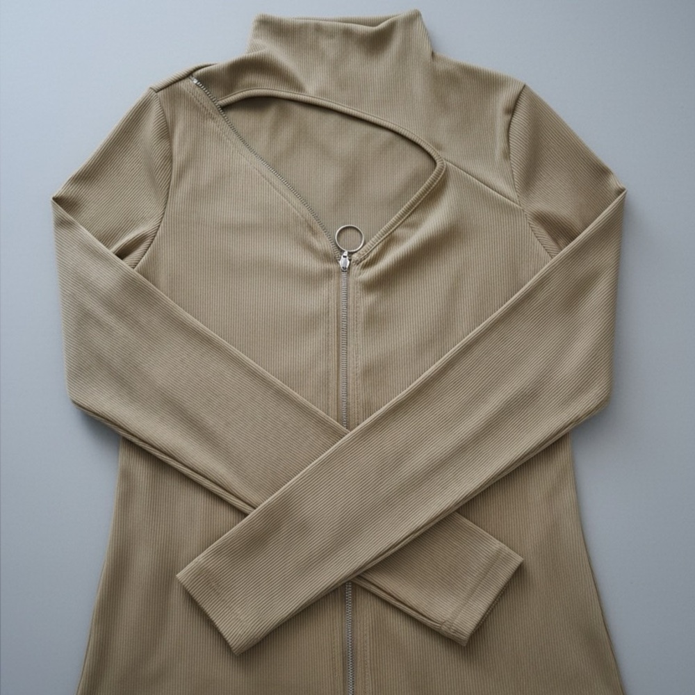 SHEIN Tan Ribbed Long Sleeve Top